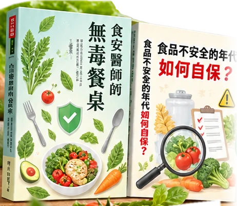 《食安醫師的無毒餐桌》及《食品不安全的年代如何自保？》兩本書籍示意封面